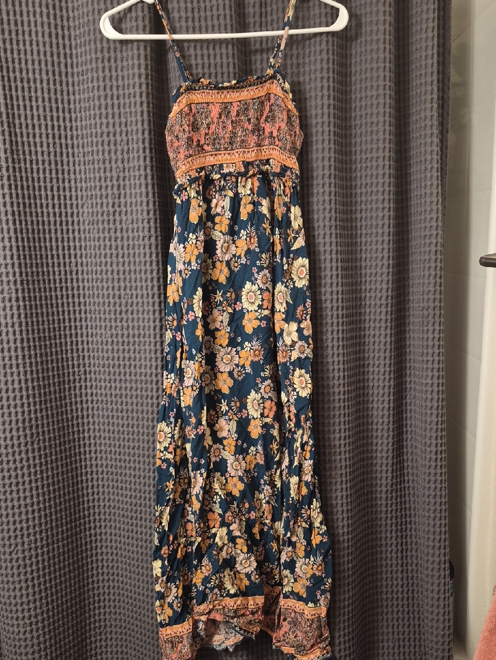 Boho Floral Blue/Green Maxi Dress with Peach Accents